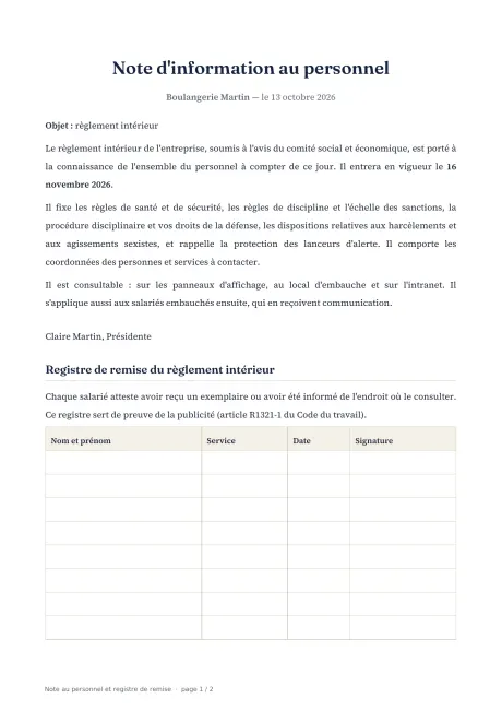 Première page : la note au personnel