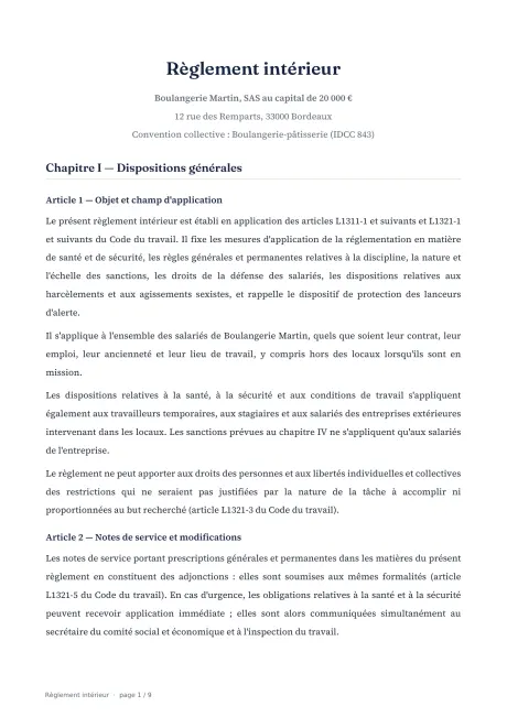 Première page : le règlement intérieur