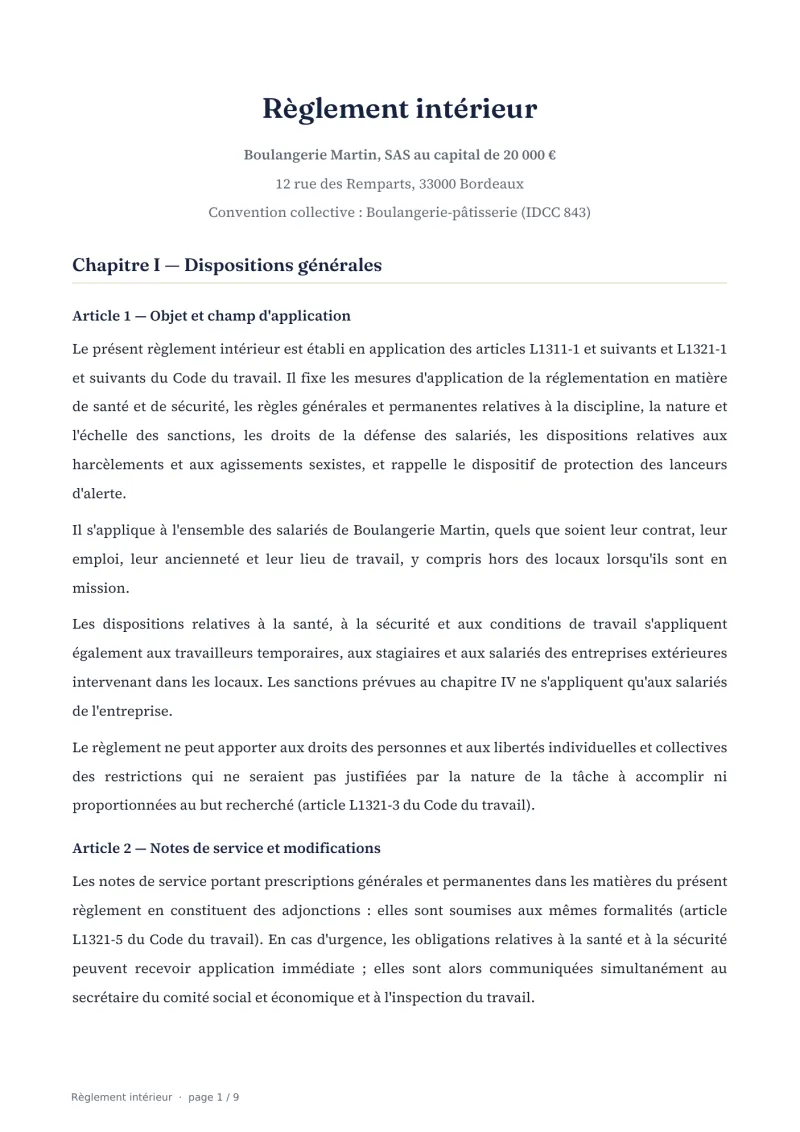 Première page d'un règlement intérieur généré : Boulangerie Martin, chapitre I, articles 1 et 2